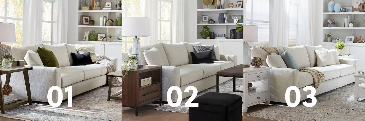 Collage of three living room scenes using the Desintations 3-seat sofa