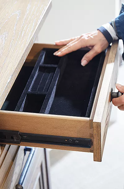 Removable felt liners in top drawers of the Blue Ridge dresser