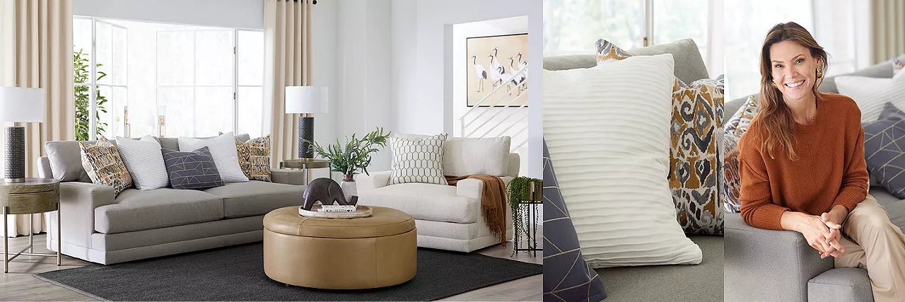 Split image featuring a living room scene and a woman smiling