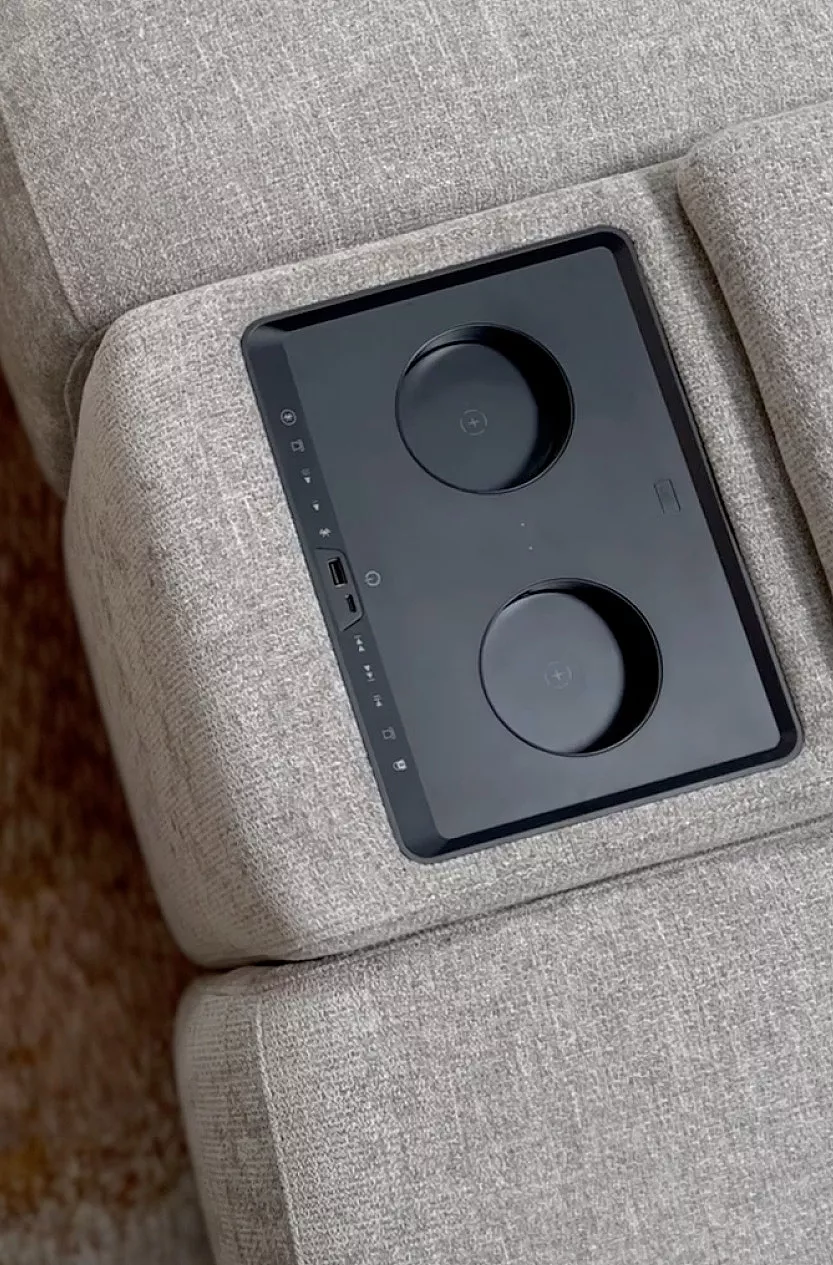 Detail of the Century sectional featuring touch-enabled audio controls