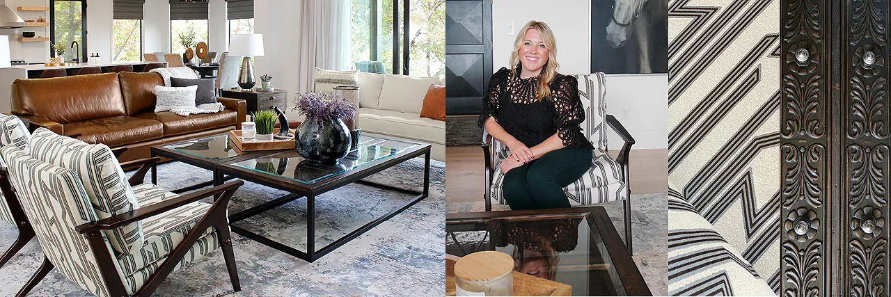 Split image of a modern living room, a woman sitting and smiling, and detailed shots of fabric and architecture