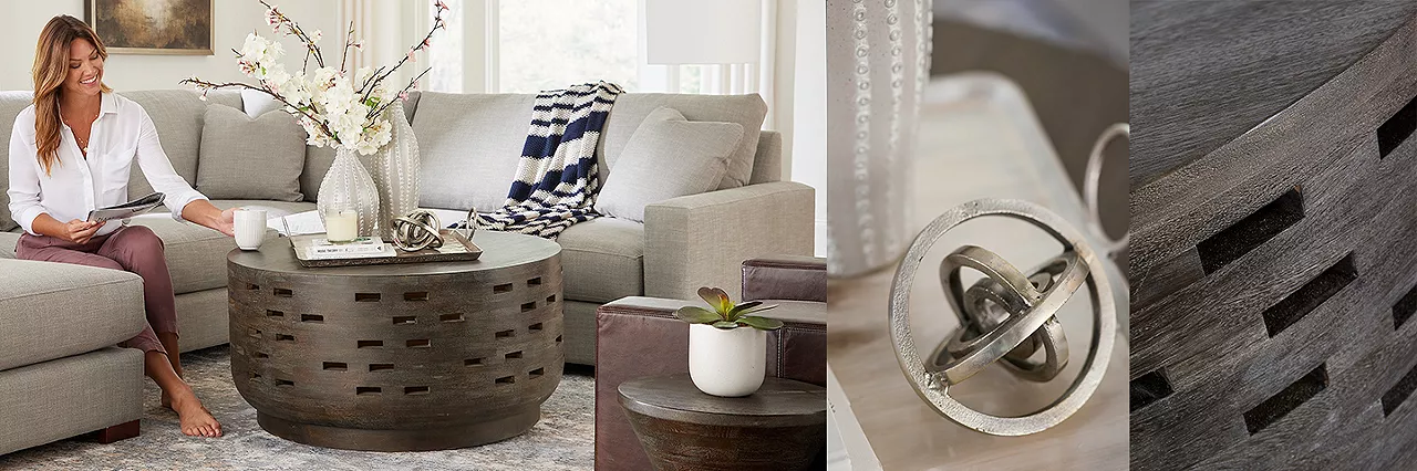 Split image: Woman in her living room with close up images of decor and a table.