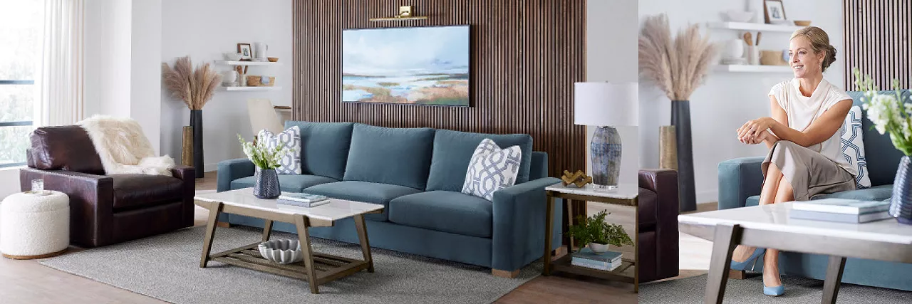 Split image of living room scene and a woman smiling