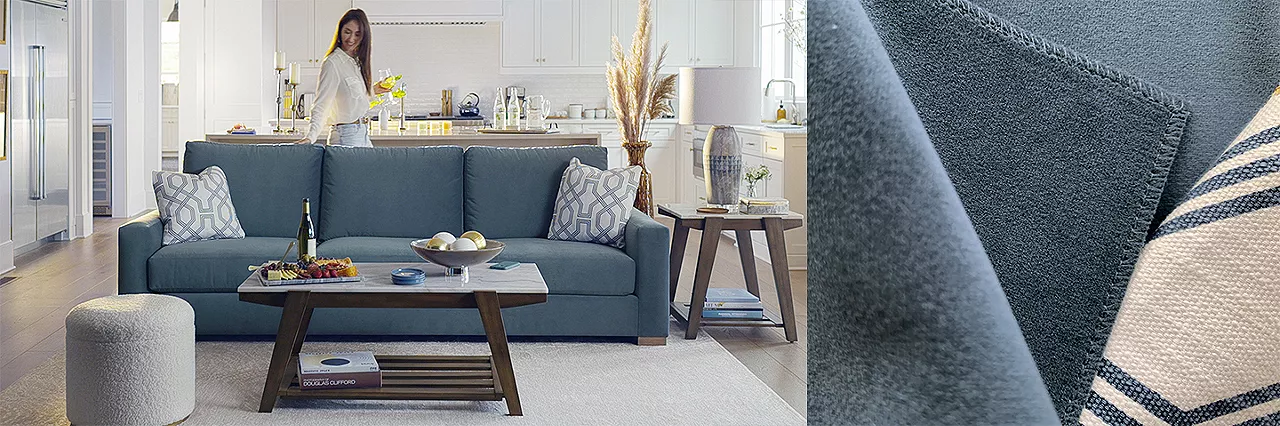 Split image: One with woman admiring her sofa. The other detailed fabric shot.