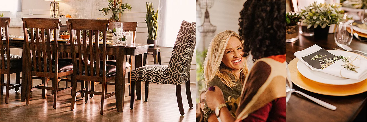 Split image of a dining room table, friends, and a plate setting
