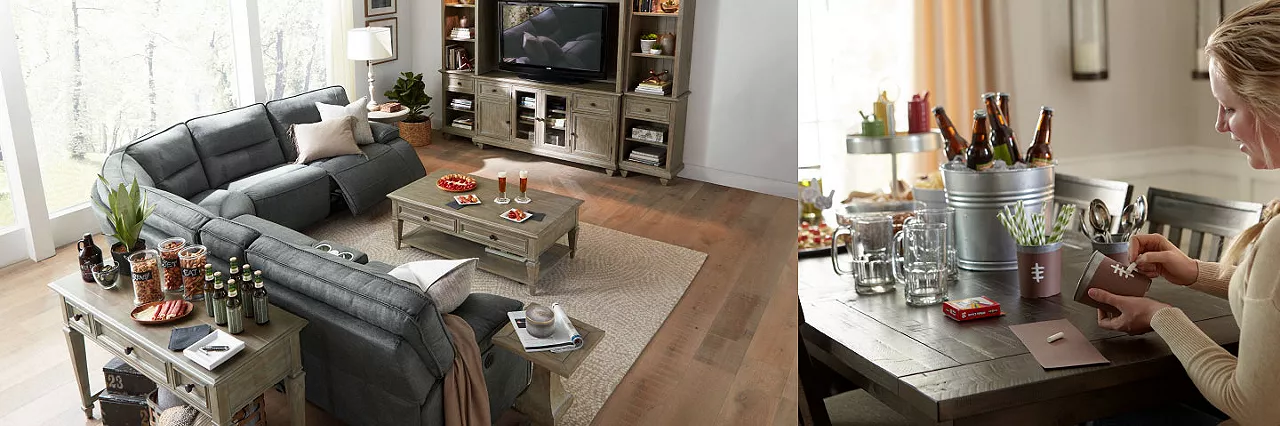 Split image featuring a living room decorated for a football watch party and a woman decorating cups to look like a football