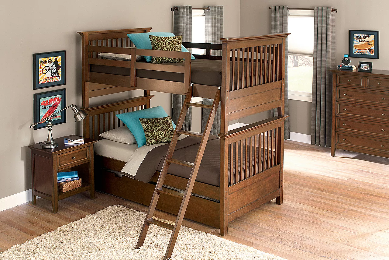 Ashebrooke Youth Bedroom Bunkbed, Nightstand and Chest in a room scene.