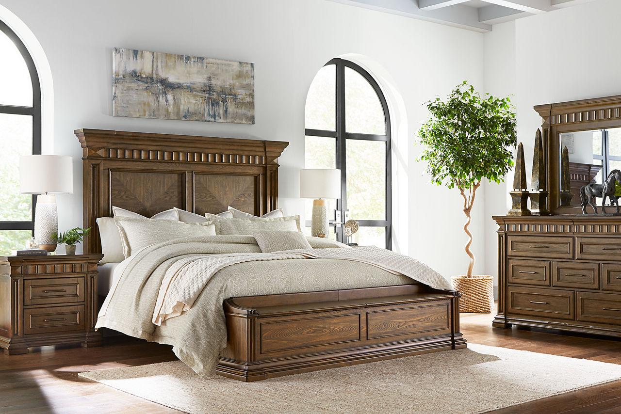 Breckenridge Storage Bed, Nightstand, and Dresser with Mirror in a room scene. 