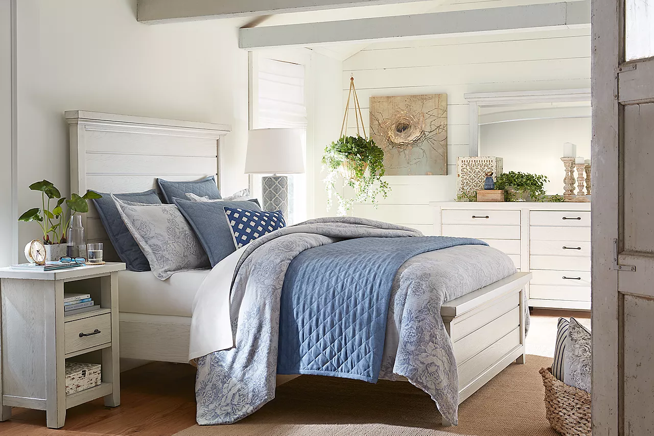 Briar Lake Bed, Open Nightstand, and Dresser with Mirror in a room scene.