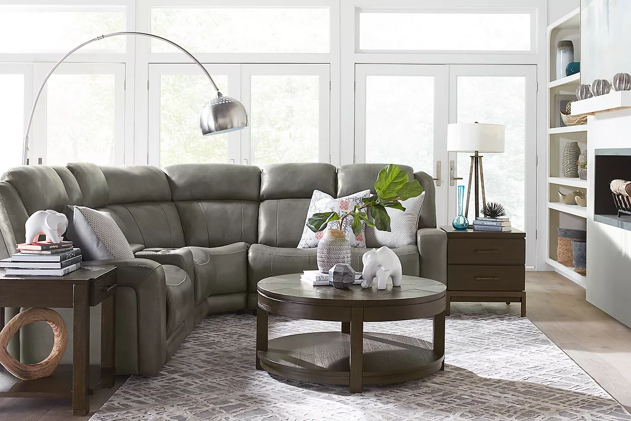 The Aviator leather sectional in room scene.