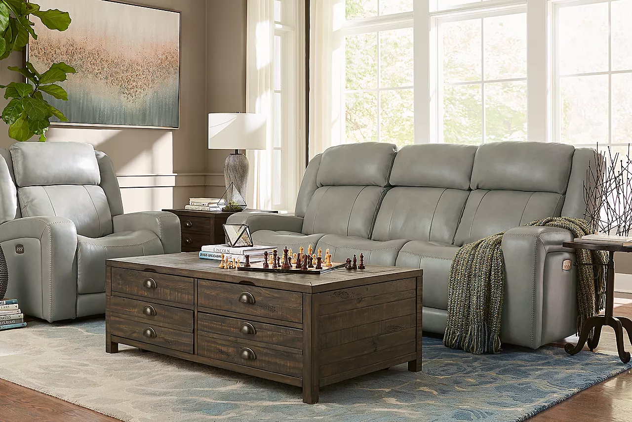 Aviator Sofa and Recliner in Prescott Taupe in a room scene.