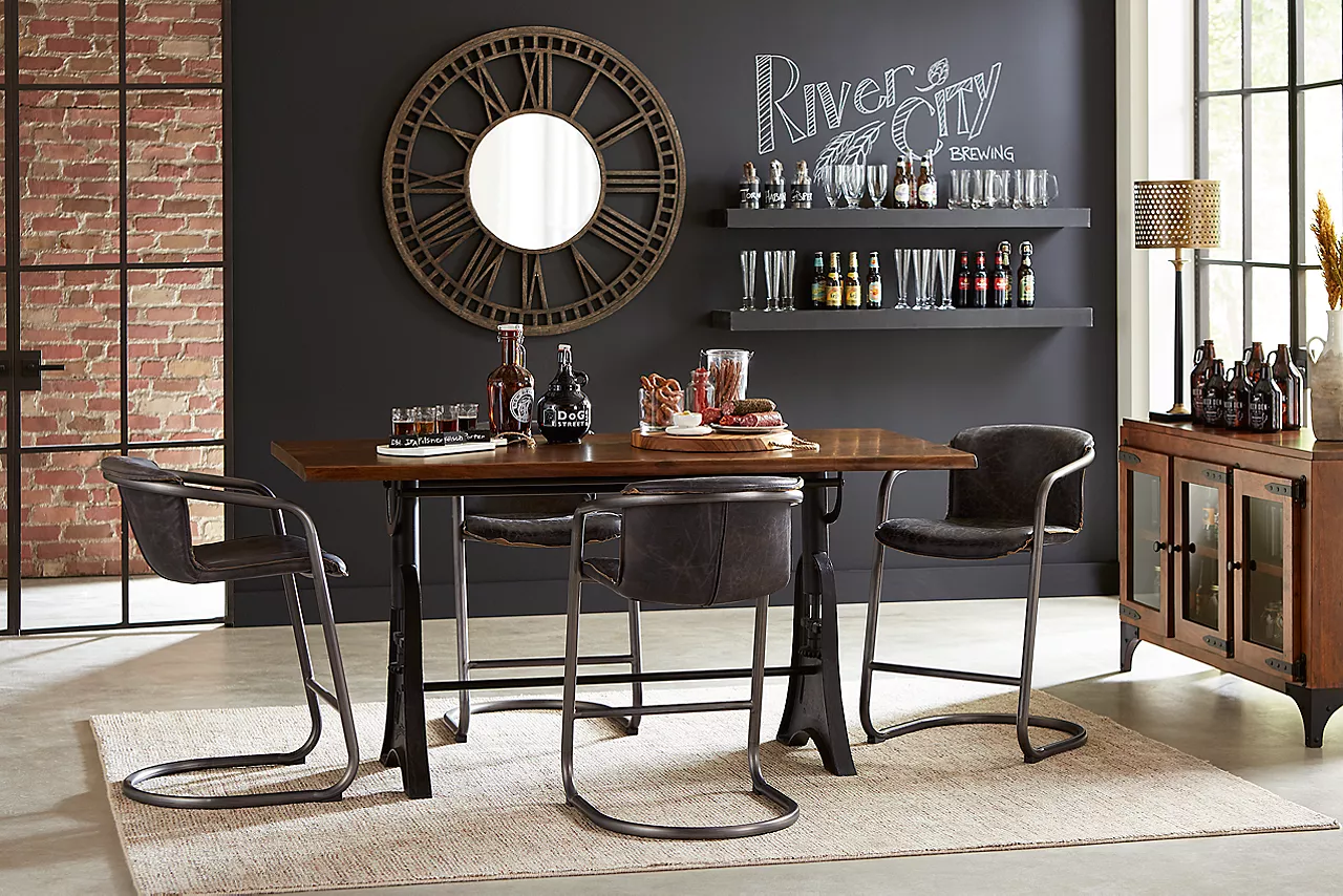 River City Counter-Height Table and Buffet in Walnut and Chamblee Stools in Antique Ebony in a room scene.