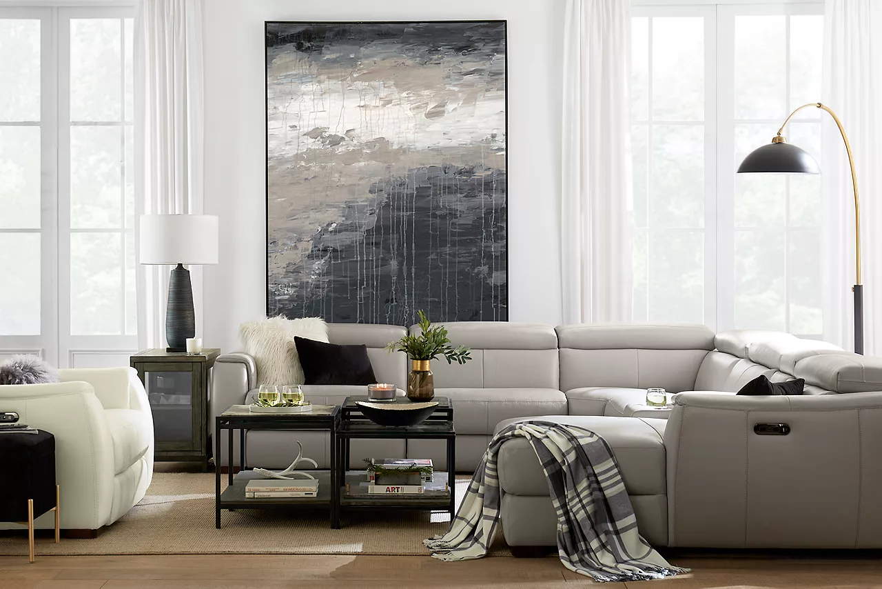 Leo Sectional in Dove Gray and Leo Recliner in Optical White in a room scene.