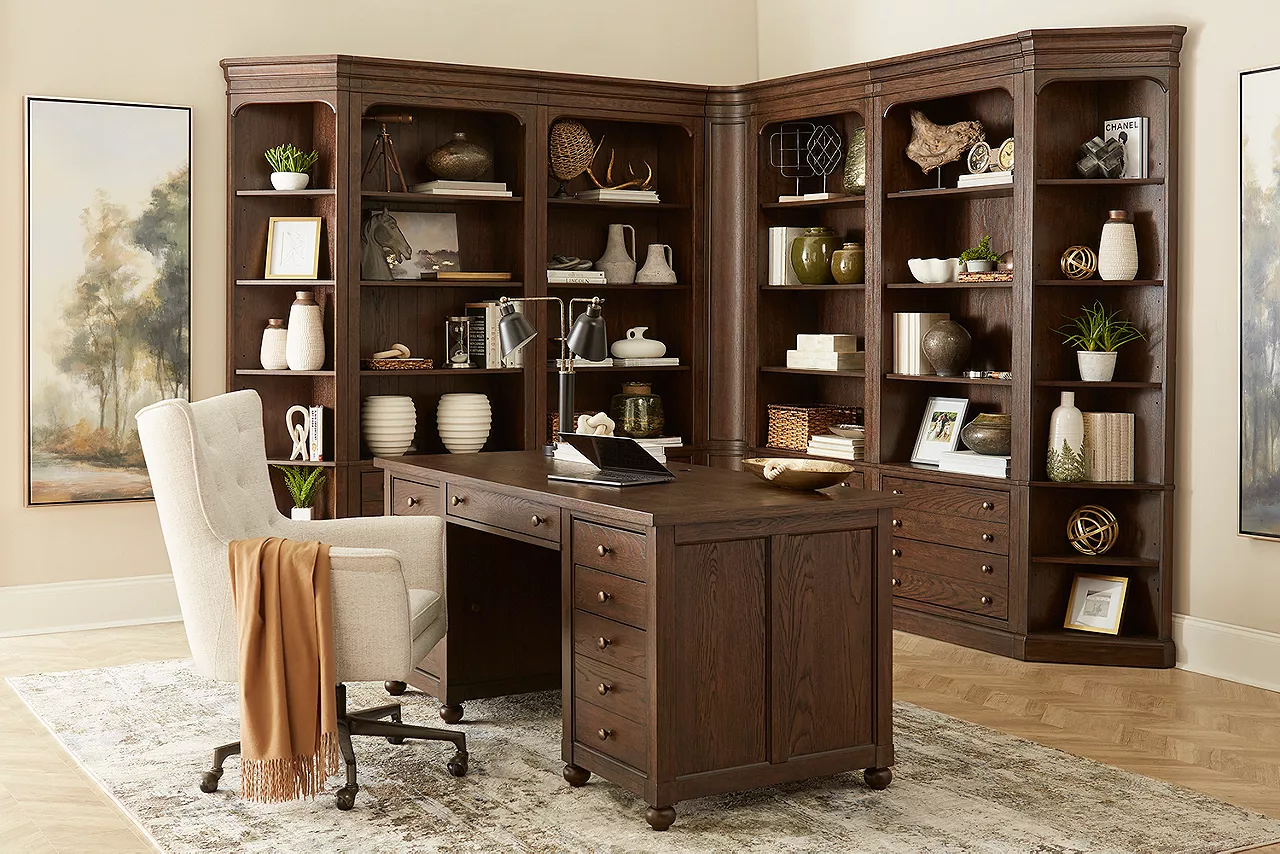 Montgomery executive desk and bookcase wall in a room scene