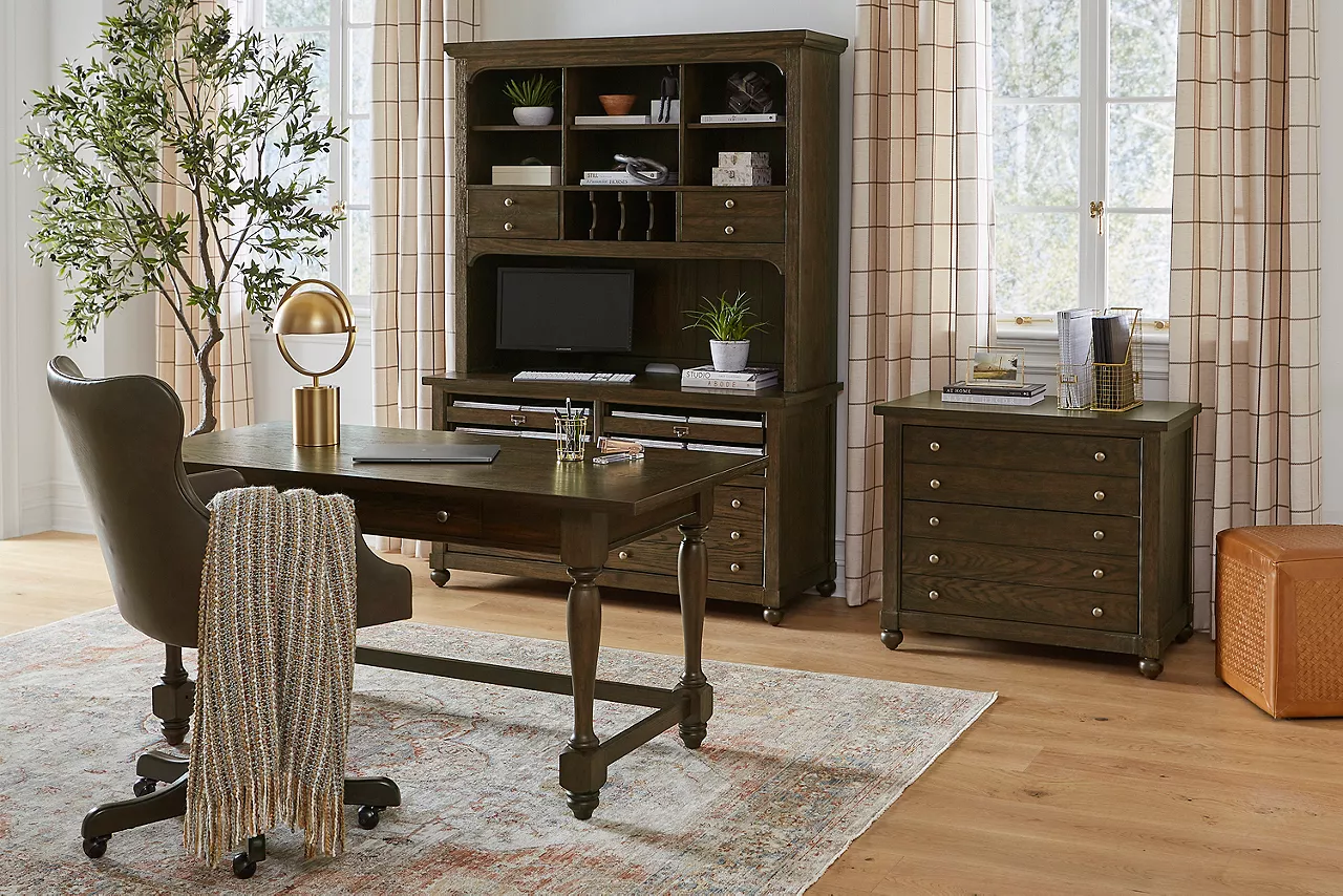 Montgomery writing desk, credenza with hutch and file cabinet in a room scene