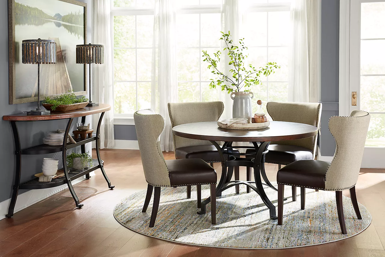 Owen Dining Chairs in Brown-Linen and Copper Canyon Dining Table and Buffet in Copper in a room scene.