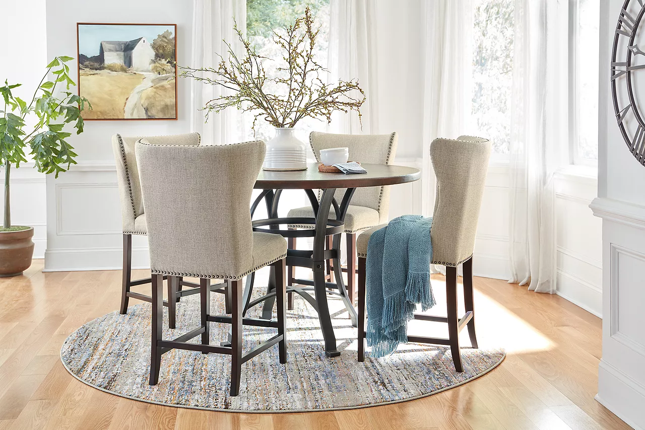 Owen Counter-Height Stools in Linen and Copper Canyon Counter-Height Table in Copper in a room scene.