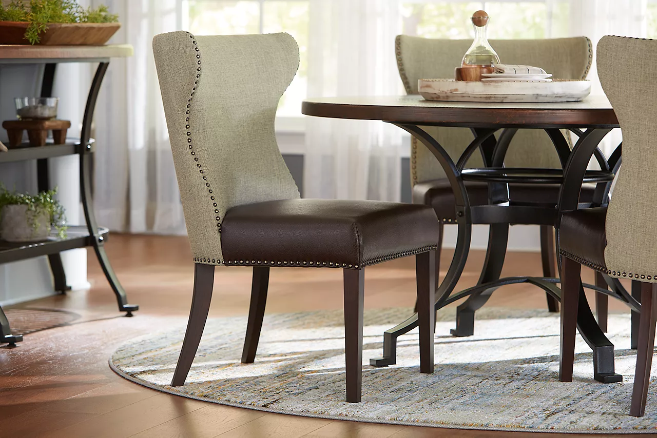 Owen Dining Chairs in Brown-Linen and Copper Canyon Dining Table and Buffet in Copper in  room scene.