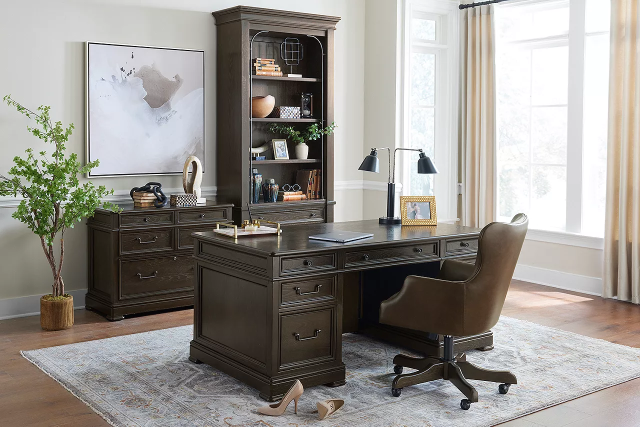 Barnes executive desk, desk chair, bookcase and file cabinet in a room scene