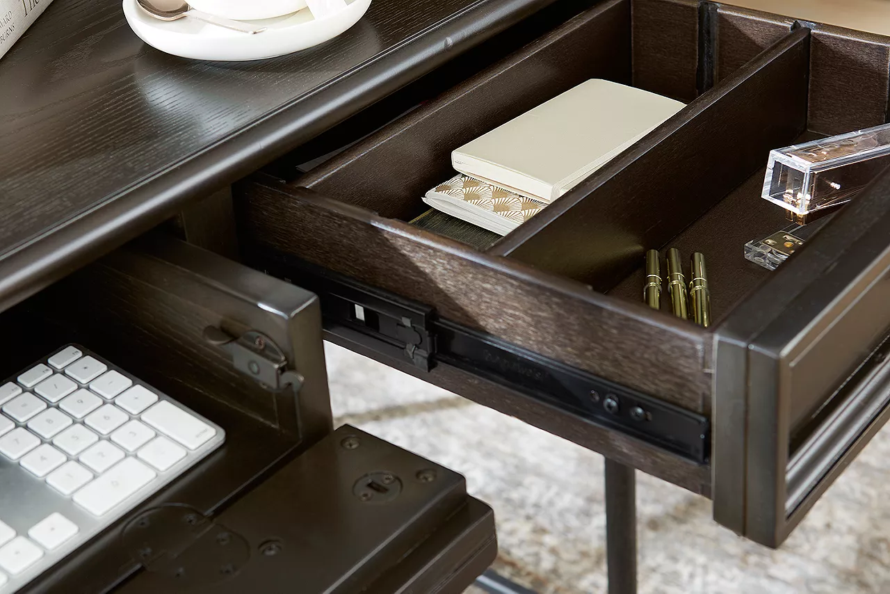 Detail of Barnes writing desk showing keyboard tray and drawer