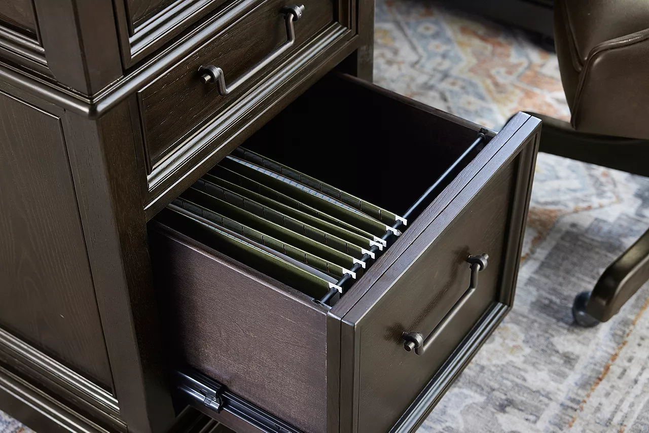 Detail of Barnes executive desk file drawer