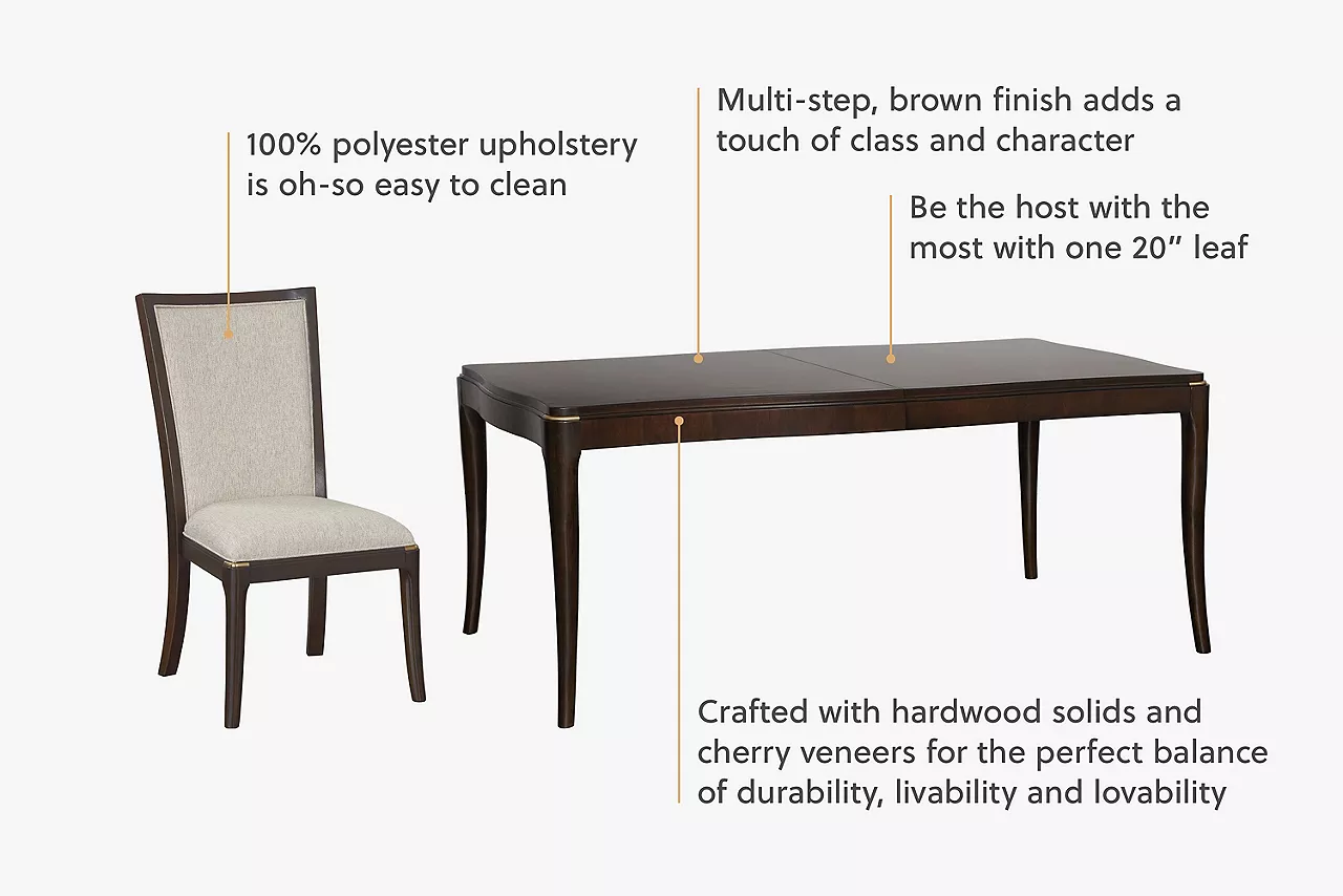 Image with benefit callouts for the Waterford dining collection