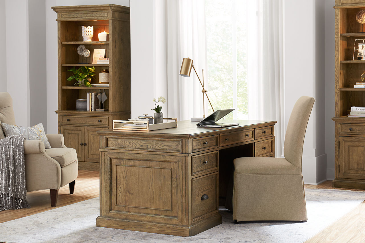 Avondale II Executive Desk and Bookcases in Vintage Oak in a room scene.