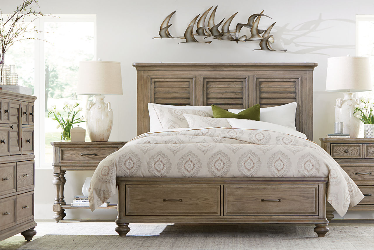 Forest Lane Bed, Chest, Nightstand, and Open Nightstand in Weathered Gray in a room scene.