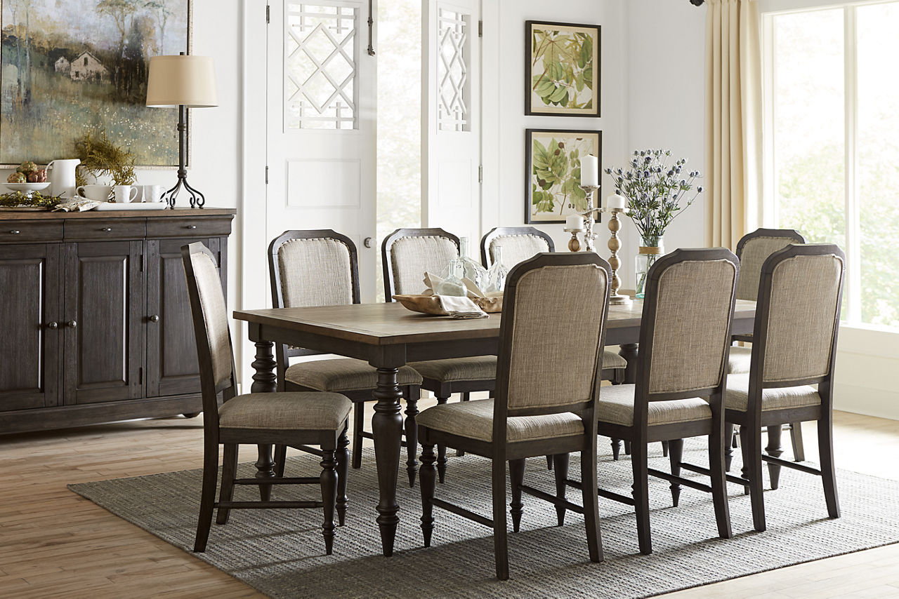  Weston Dining Table and Buffet in Charcoal/Tobacco and Dining Chairs in Charcoal in a room scene.