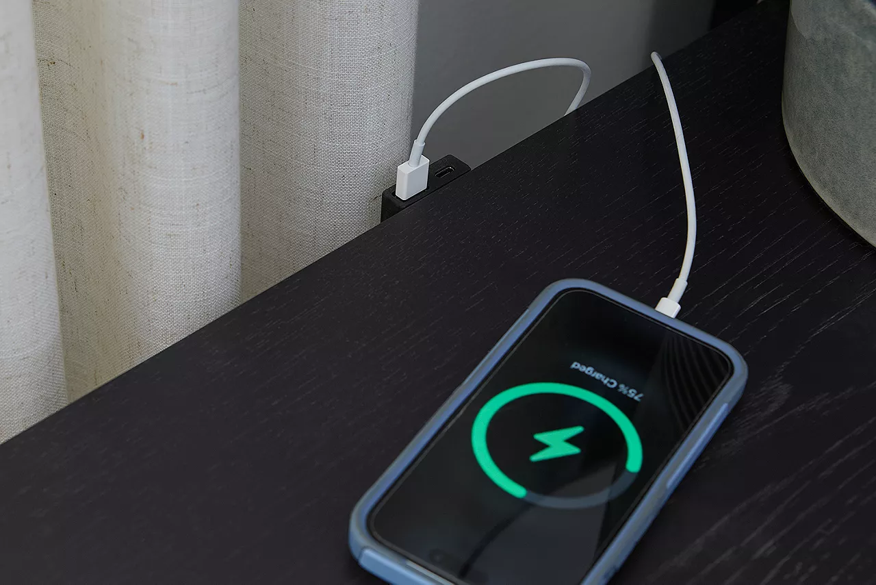 Detail image of built-in USB charging port on the Hamilton nightstand