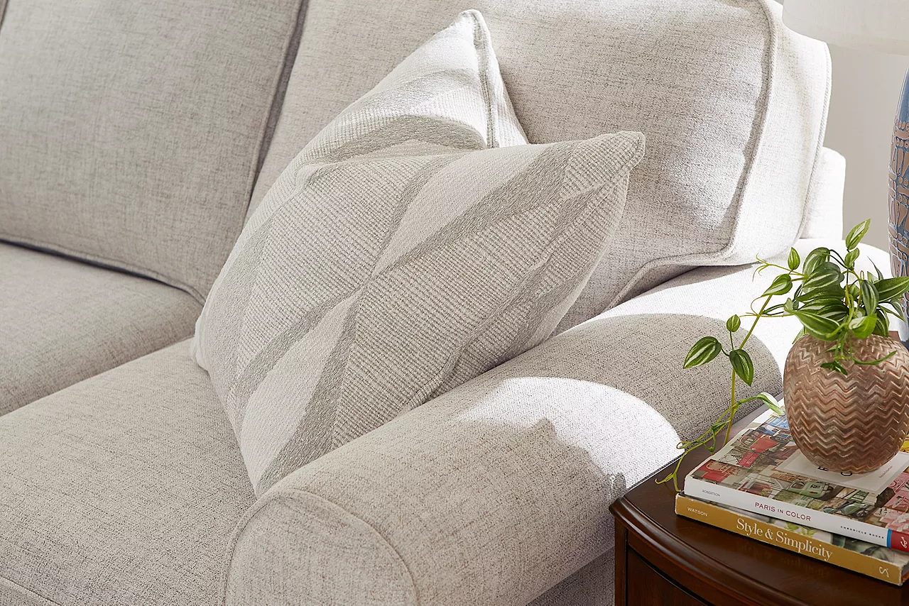 closeup of Sandy Sofa in Linen to show texture and detail in a room scene.
