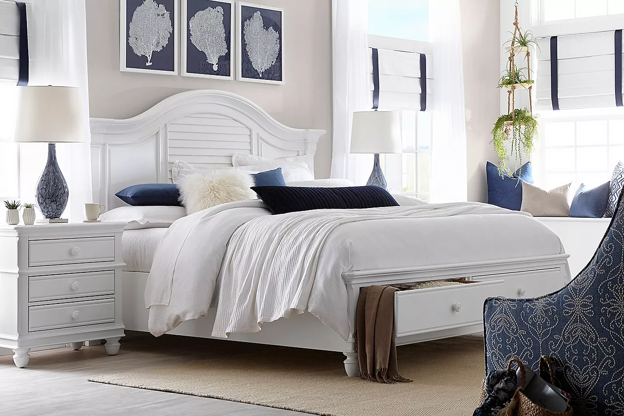 Coastal Retreat Storage Bed and Nightstand in a room scene.