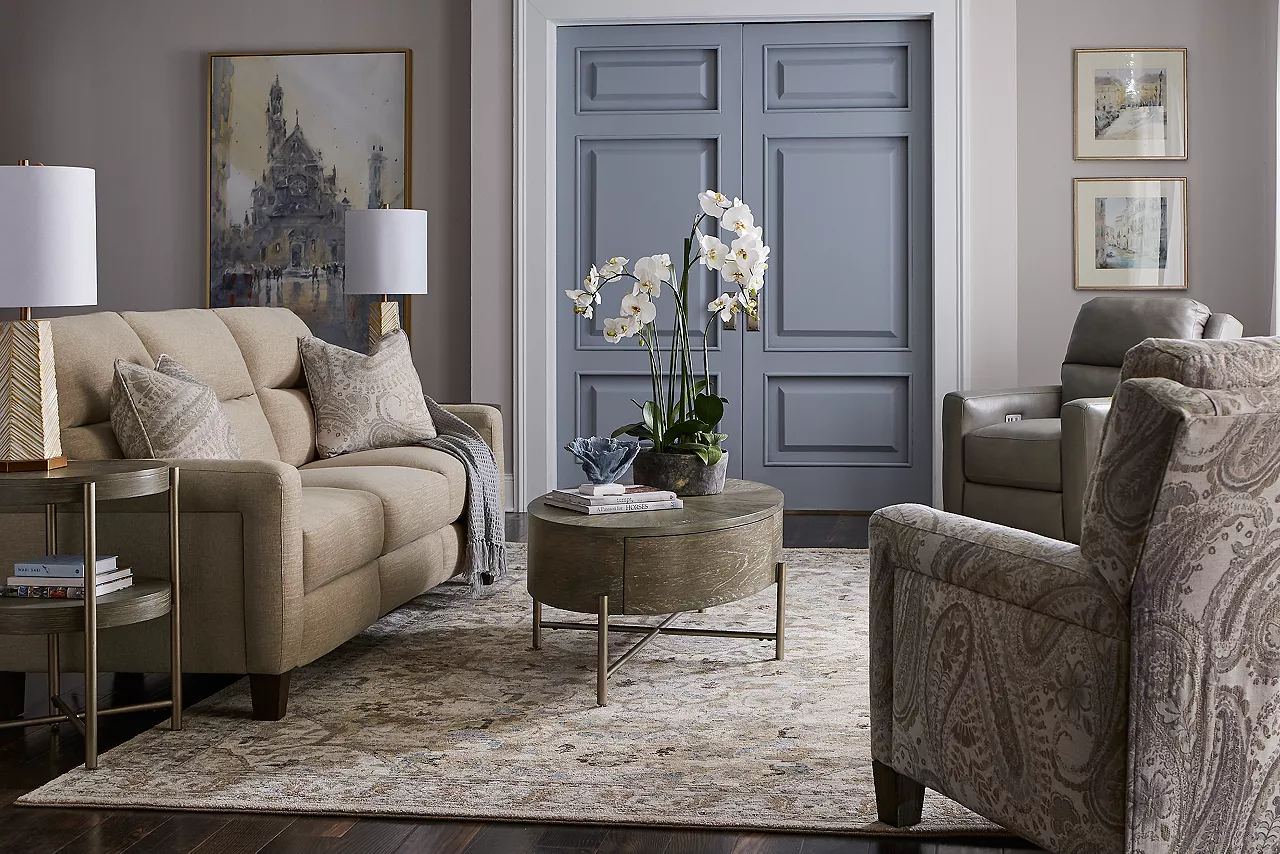 Ava Sofa in Knox Oatmeal, Accent Recliner in Manchester Mineral, and Recliner in Fresca Cobblestone in a room scene.