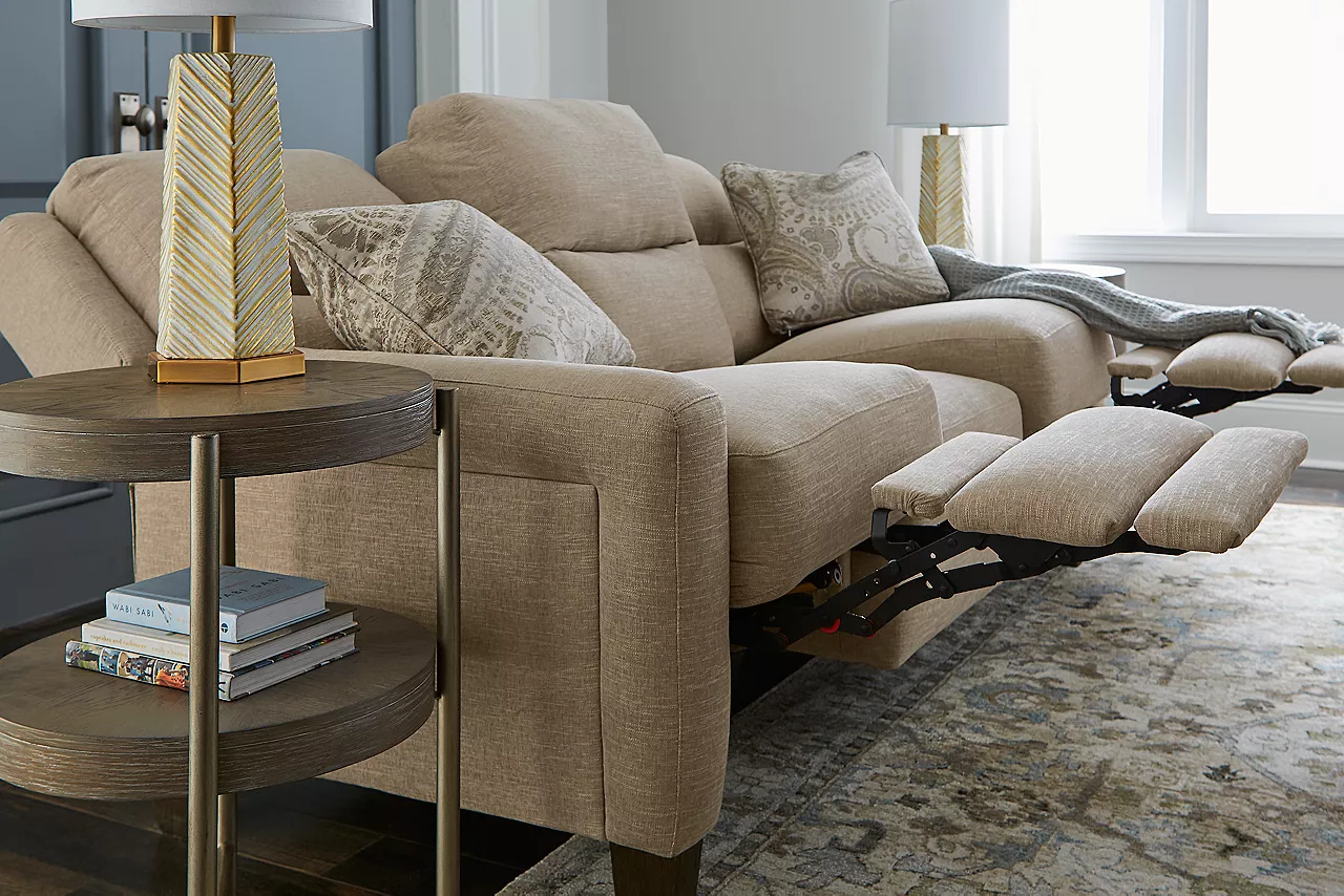 Ava Sofa in Knox Oatmeal showing both of the sofa recliners out in  room scene.