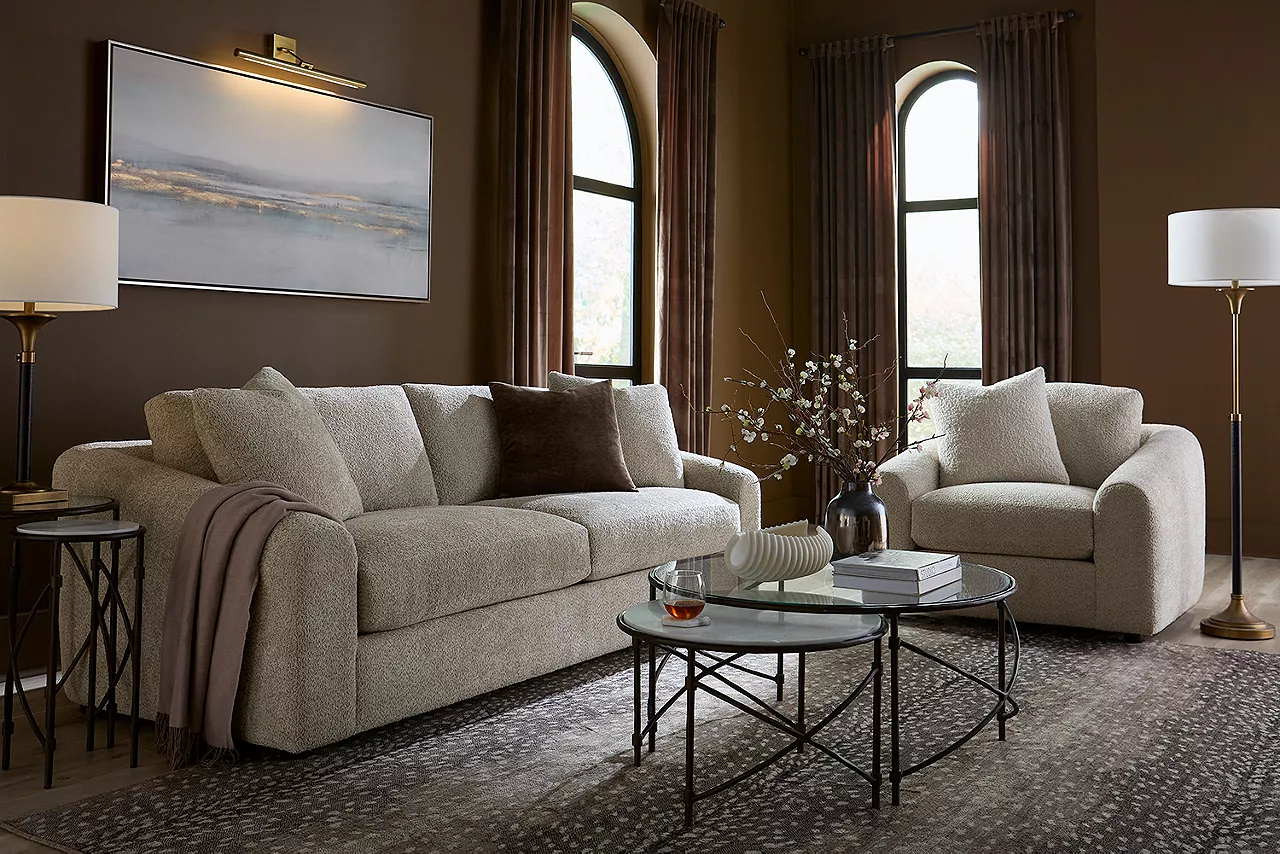 Carson 2 seat sofa and chair in a room scene featured with the Noah occasional tables