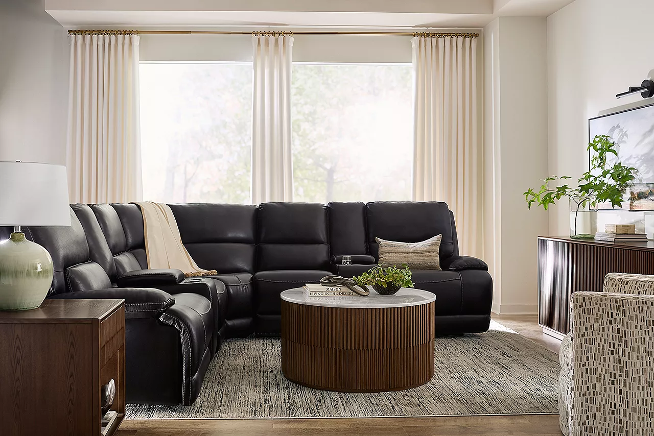 Haven reclining sofa in Softee Blackberry with Hammond tables