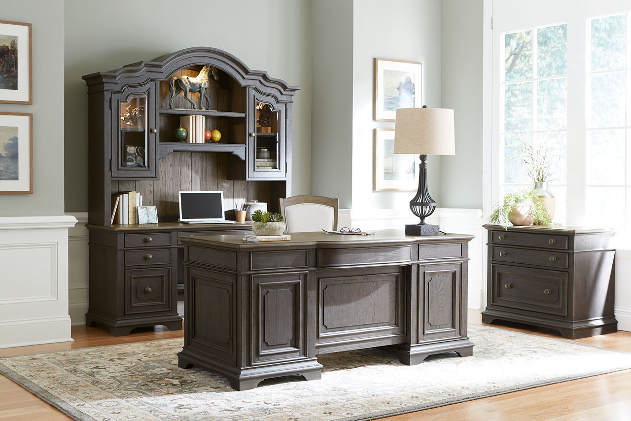 The Easton executive desk, desk with hutch and later file cabinet in room scene.