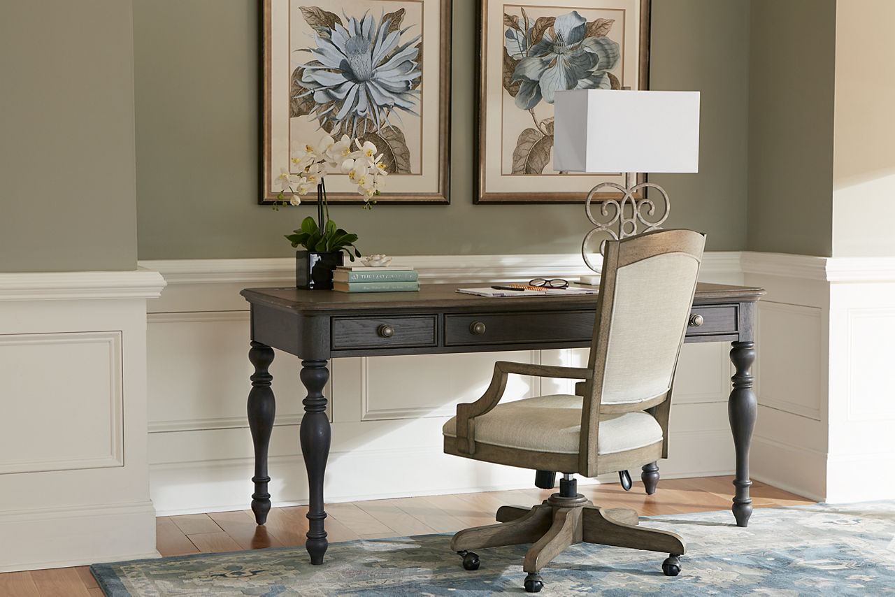 The Easton writing desk and office chair in room scene.