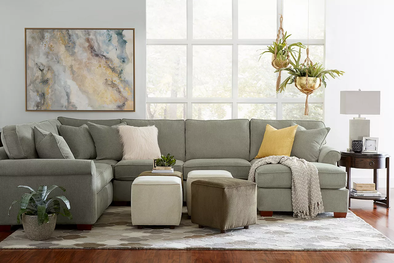 The Norfolk sections with chaise and cube ottomans in room scene.