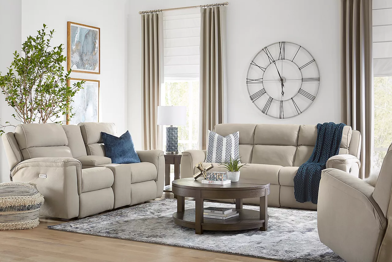 Aaron sofa, loveseat with console and recliner in a room scene