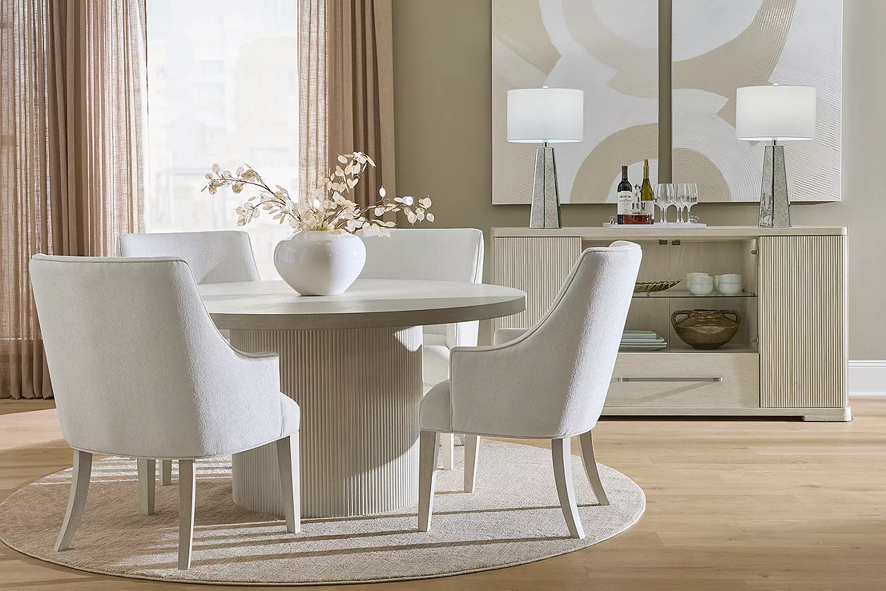 Cascade Round Dining Table with 4 Host Chairs and server in a room scene