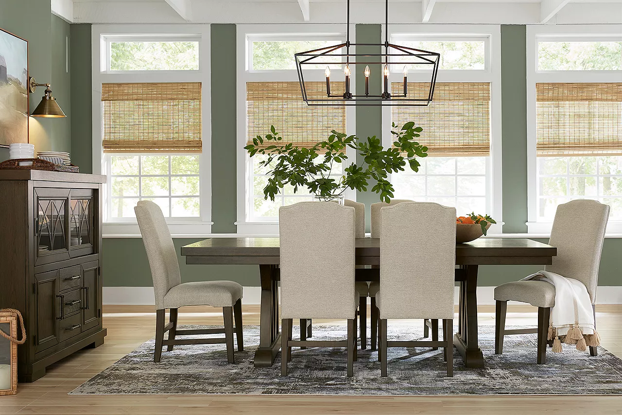 Grant Park Dining Table and Server in Espresso and Dining Chairs in Espresso/Gray in a room scene.