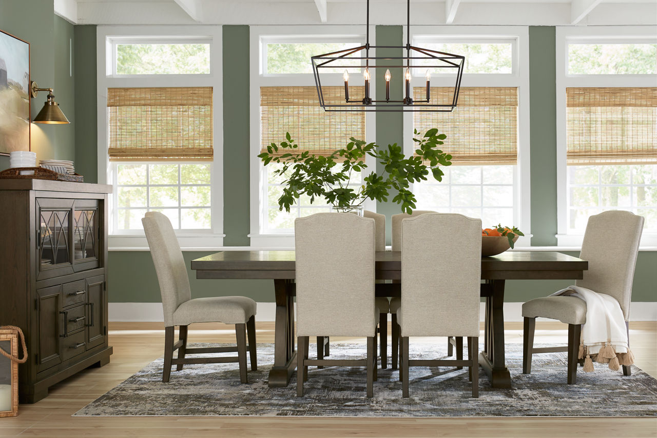 Grant Park Dining Table and Server in Espresso and Dining Chairs in Espresso/Gray in a room scene.