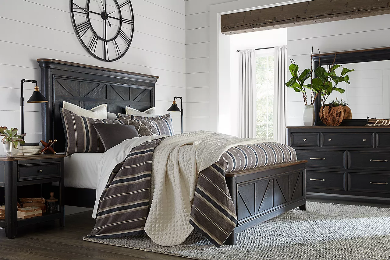 Blackburn bed, nightstand and dresser with mirror in a room scene.