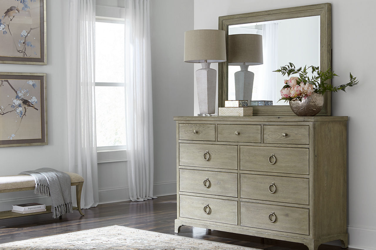 Candler Park dresser shown with matching mirror and the bench  in room scene.