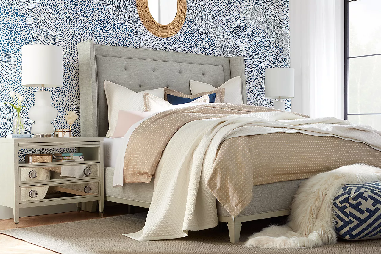 Hyde Park Bed and Nightstand in Heathered Grey in a room scene.
