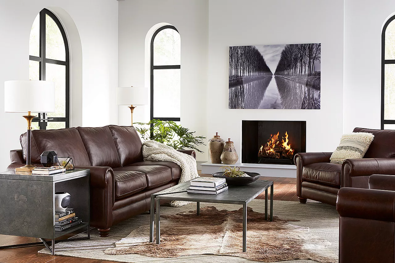  Mason 3-Seat Sofa and Chairs in Forli Brown in a room scene.