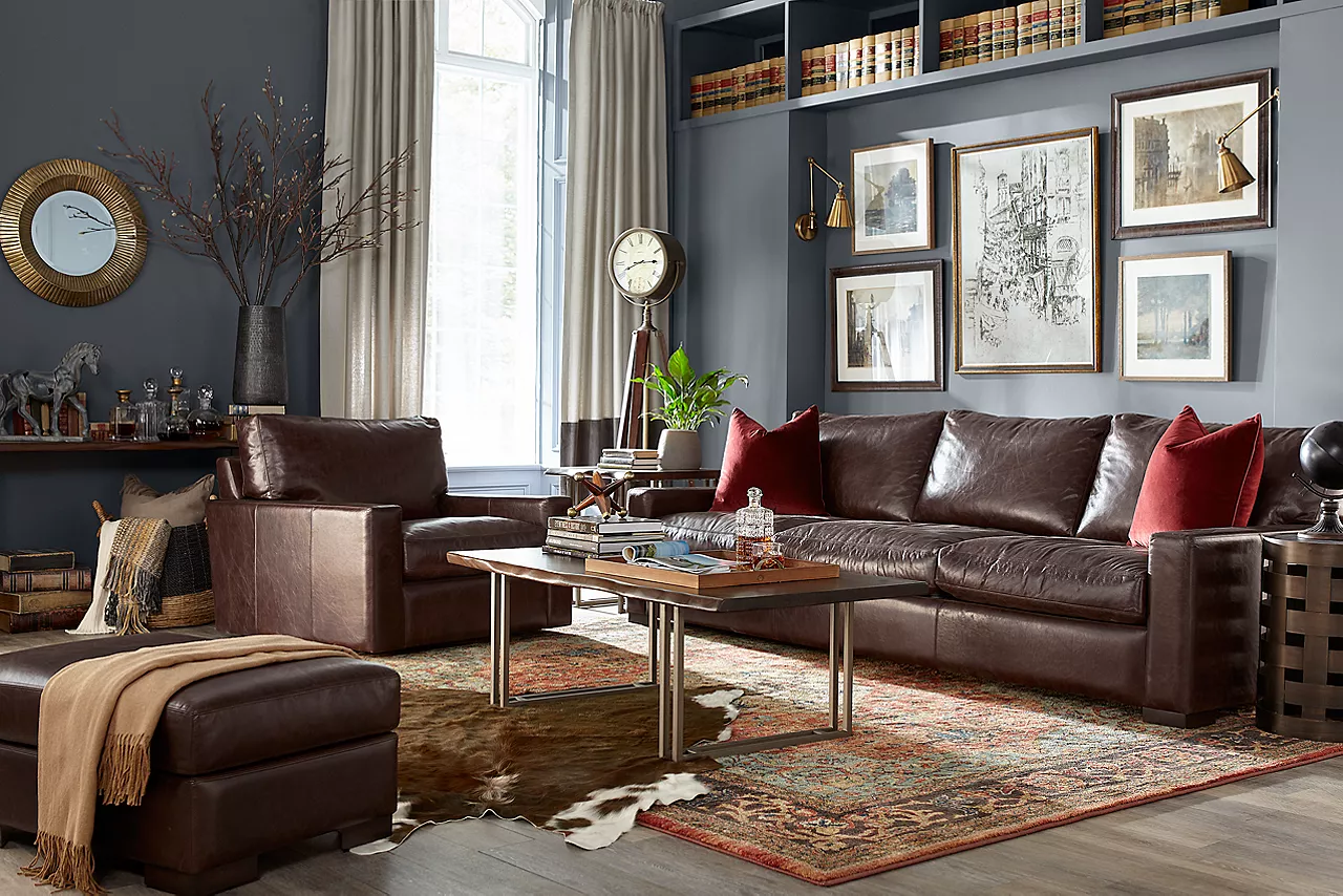 Mason Grande 3-Seat Sofa, Swivel Chair, and ottoman in Forli Brown in a room scene.