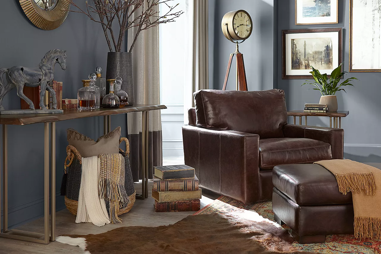 Mason Swivel Chair and Ottoman in Forli Brown in a room scene.