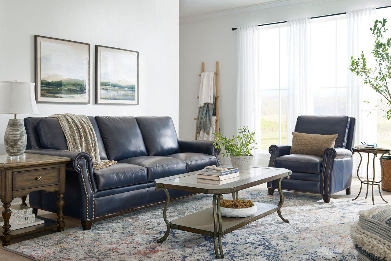 The Concord leather sofa and power recliner in room scene.